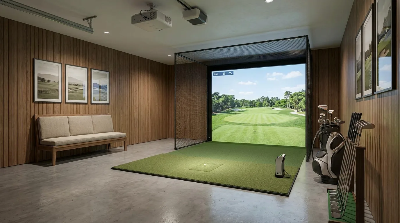 Garage pool room with full-size billiard table, leather seating, TV, and overhead lighting