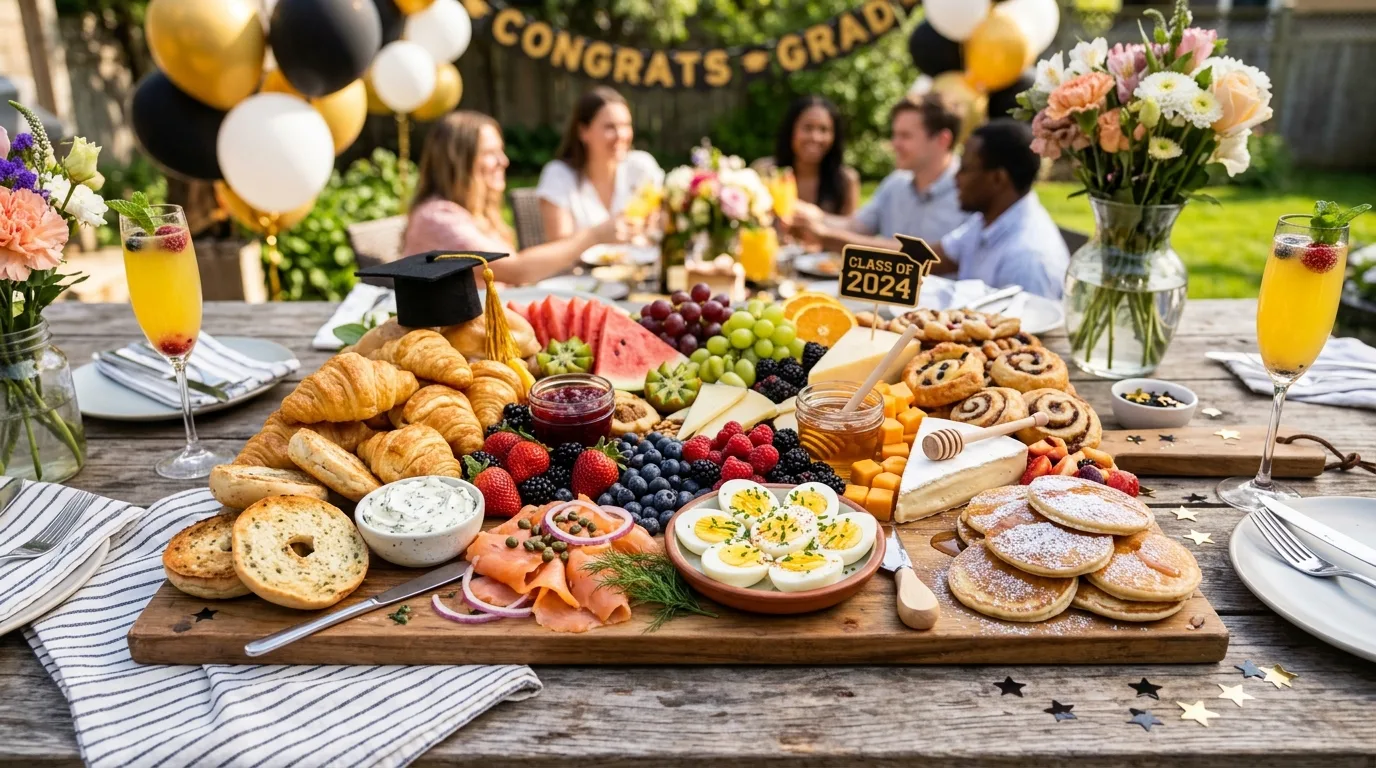 Graduation brunch charcuterie board with croissants, bagels, salmon, fruit, eggs, pastries, and spreads