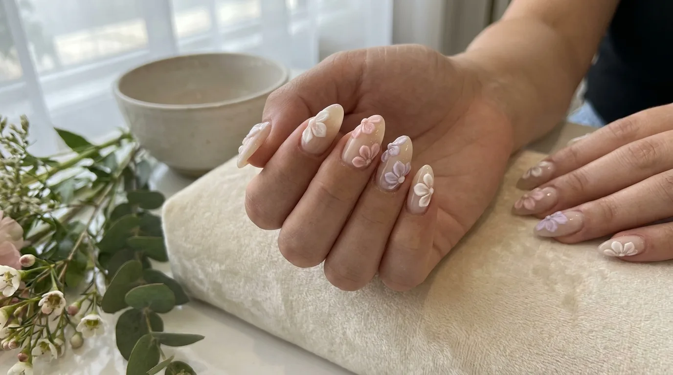 Elegant 3D floral nail art with raised pastel flowers