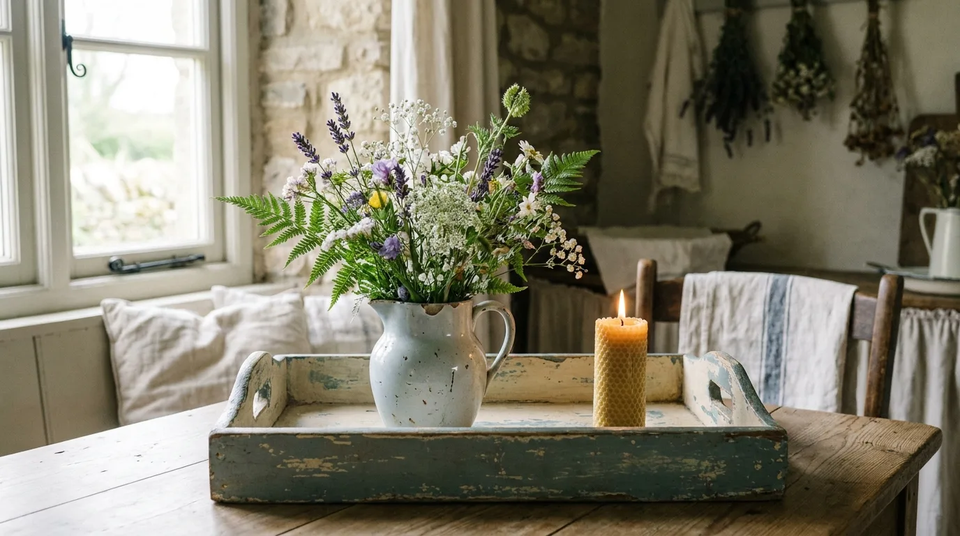 Blue and white spring tray with ceramic vase, flowers, and striped linen