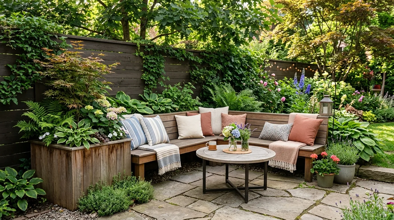 Small backyard patio with pergola, climbing vines, string lights, loveseat, chairs, and plants