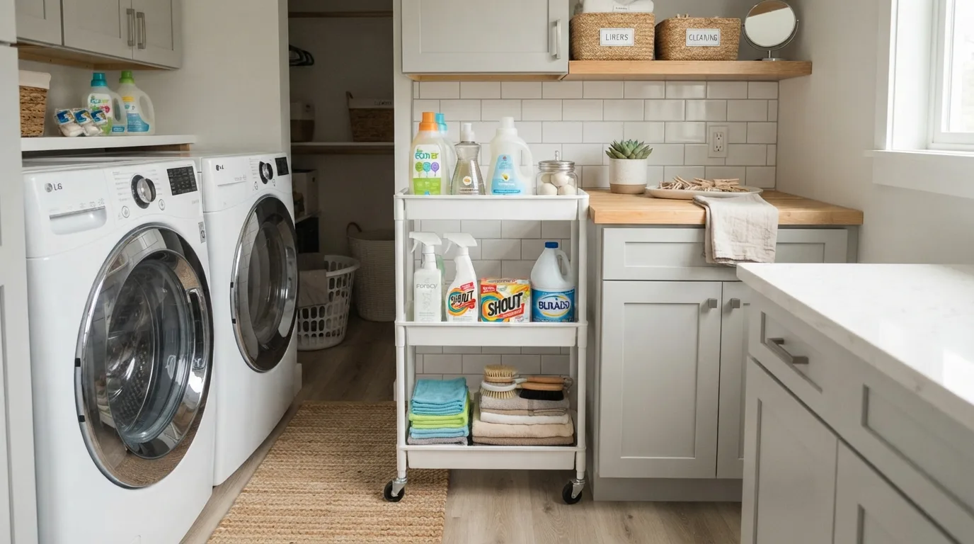 Slim rolling cart used for laundry room storage