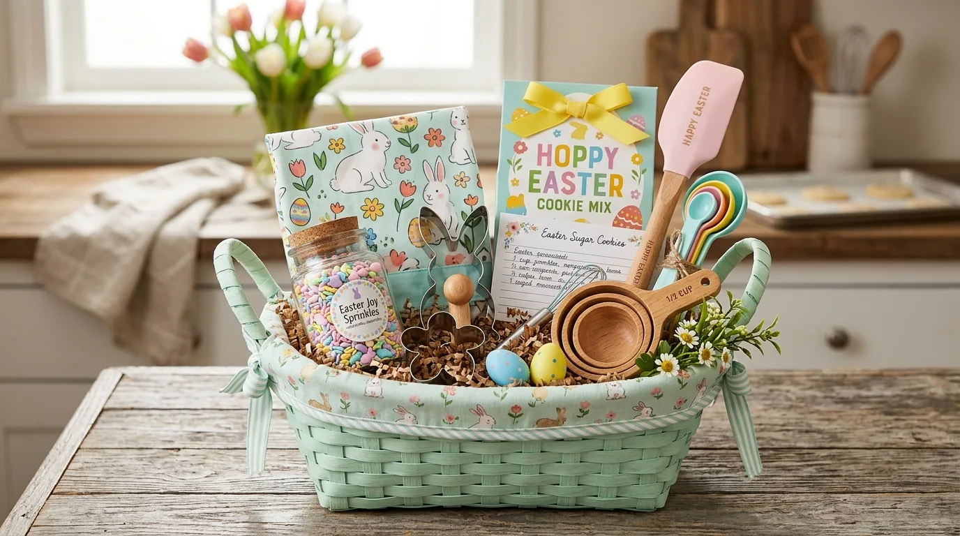 Easter baking basket with cookie cutters, sprinkles and kid-friendly tools