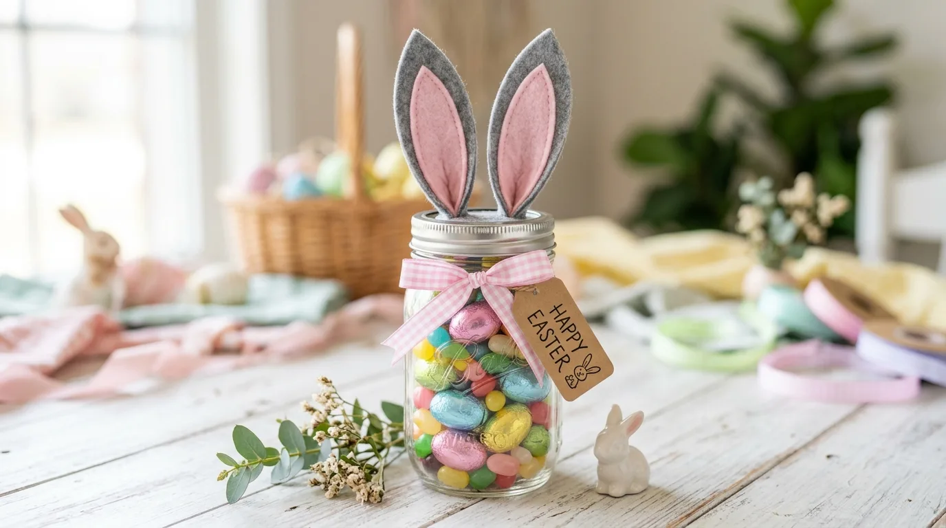 DIY Easter mason jar lantern glowing softly with bunny and floral decorations.
