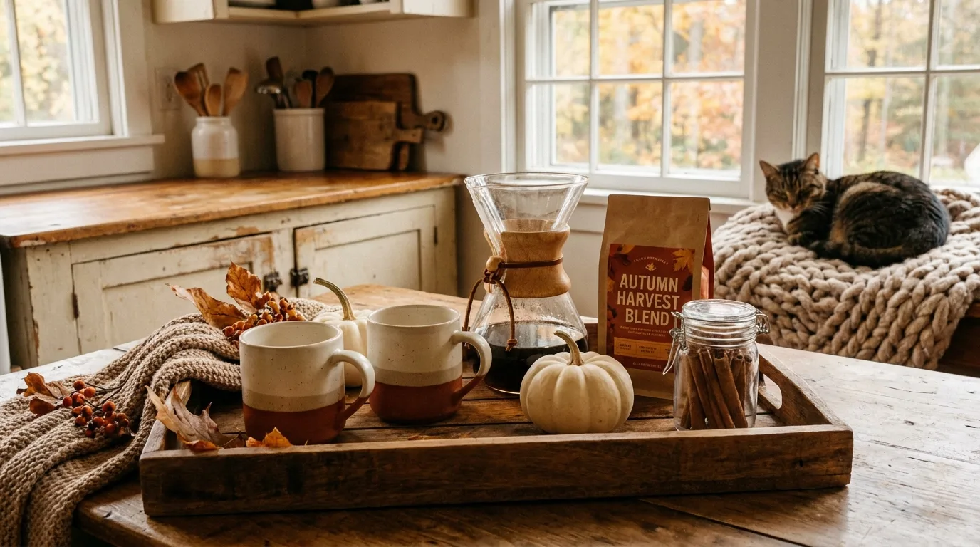Cozy cottage-style tiered coffee tray with floral mugs and charming kitchen accessories