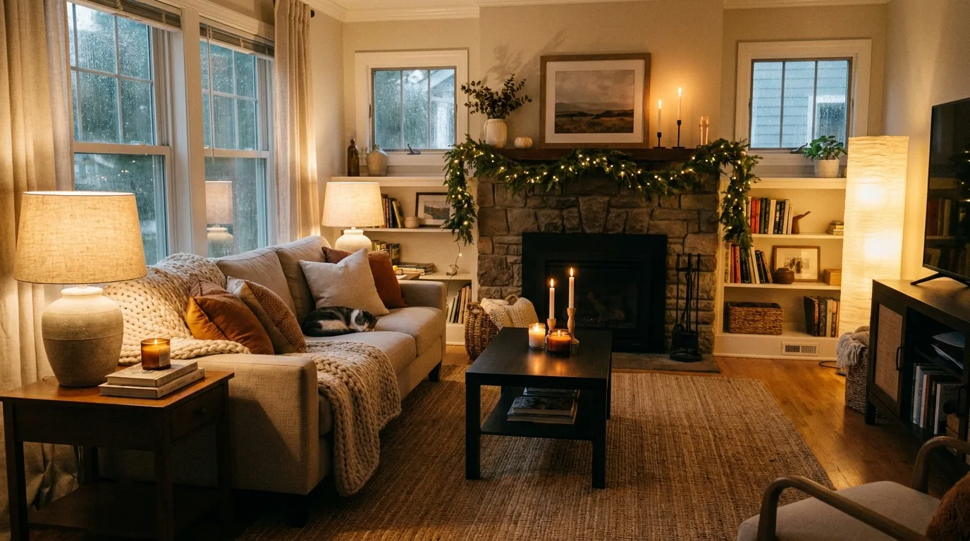 Warmly lit fall living room with lamps, candles, and soft ambient lighting