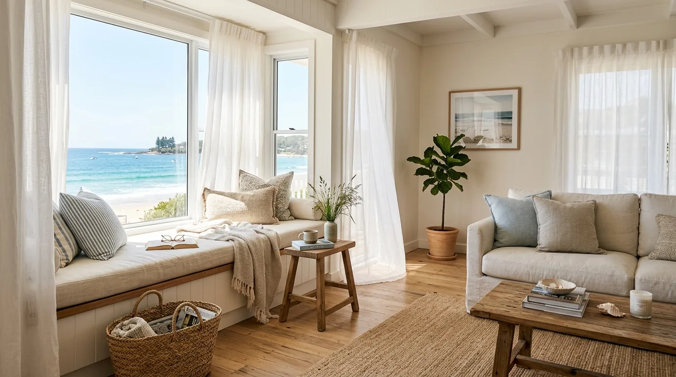 Coastal living room with serene ocean-inspired artwork above a cream sofa