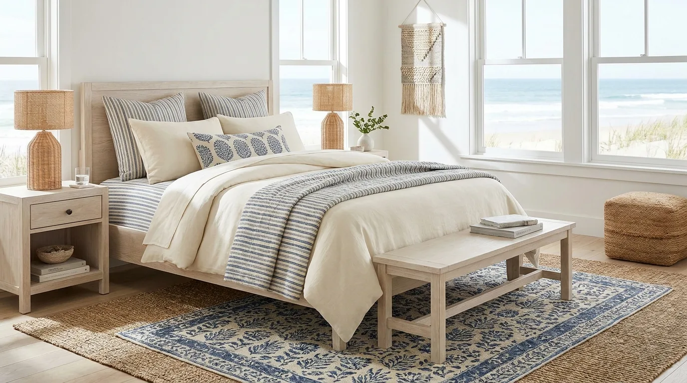 Coastal bedroom with a natural jute rug beneath a light wood bed