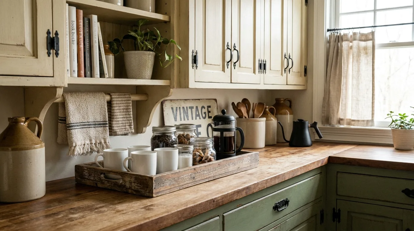 Organized countertop espresso bar with espresso machine, grinder, beans, and cups