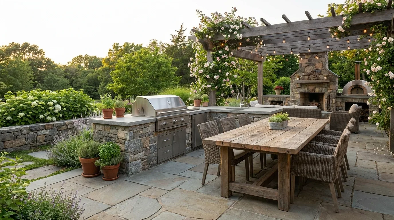 High-end outdoor kitchen with natural stone finishes and stainless steel appliances