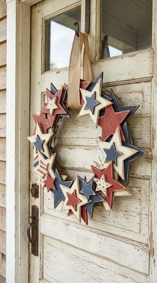 Patriotic paper pinwheel wreath with stars and stripes