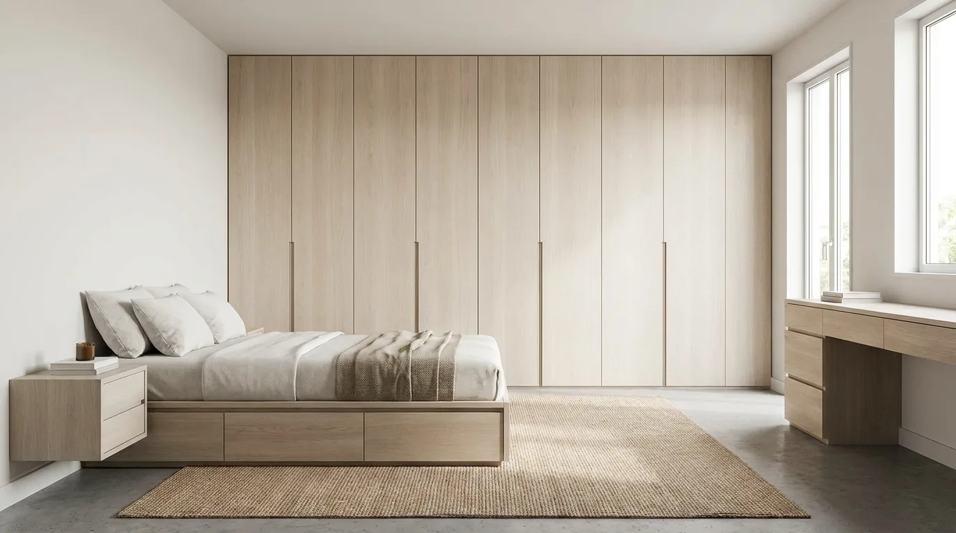 Minimalist bedroom with layered cream and beige linen bedding and simple pillows
