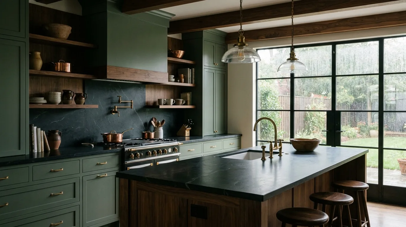 Cozy sage green cottage kitchen with farmhouse sink and open shelving