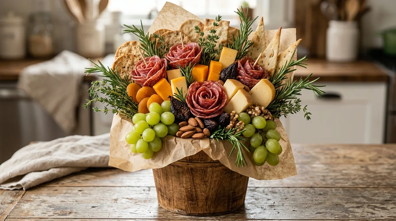 Italian charcuterie bouquet with prosciutto, mozzarella, tomatoes, olives, and basil