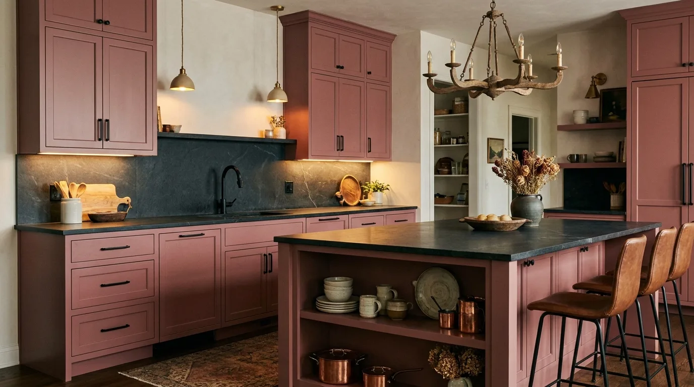 Blush pink kitchen cabinets with brushed brass hardware