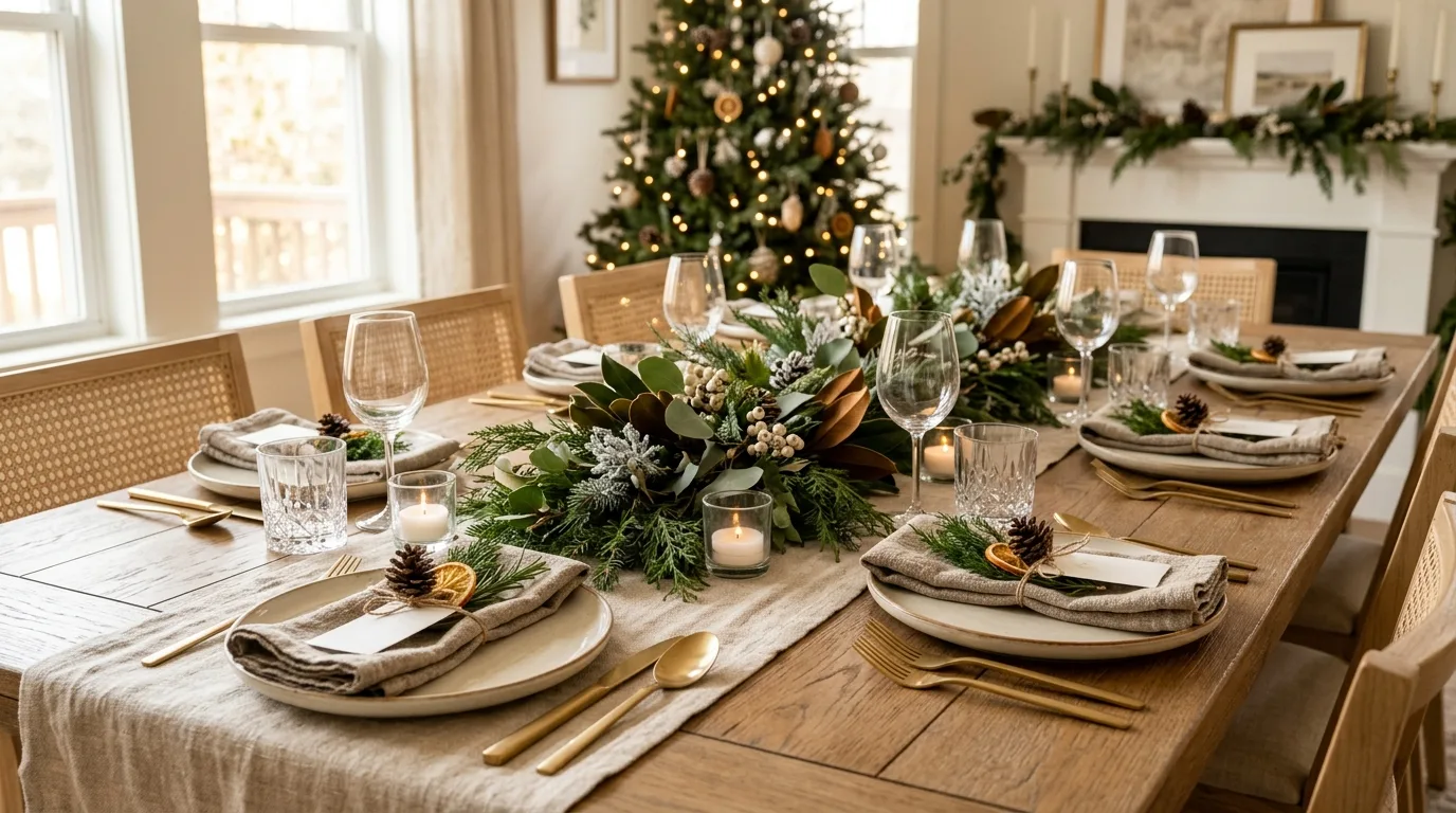 Modern Christmas tablescape with neutral linens, greenery, candles, and simple place settings