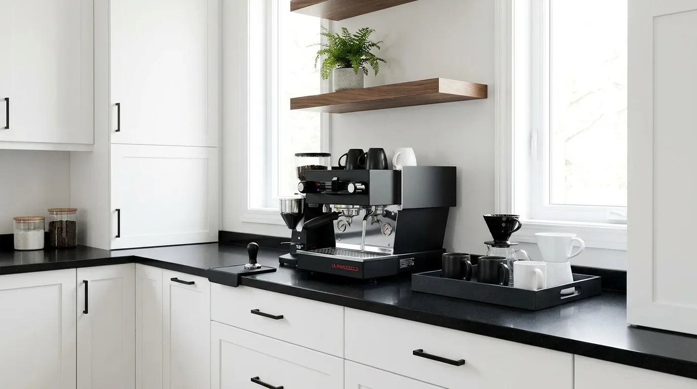 Dedicated coffee cabinet with espresso equipment, mugs, beans, drawers, and organized storage