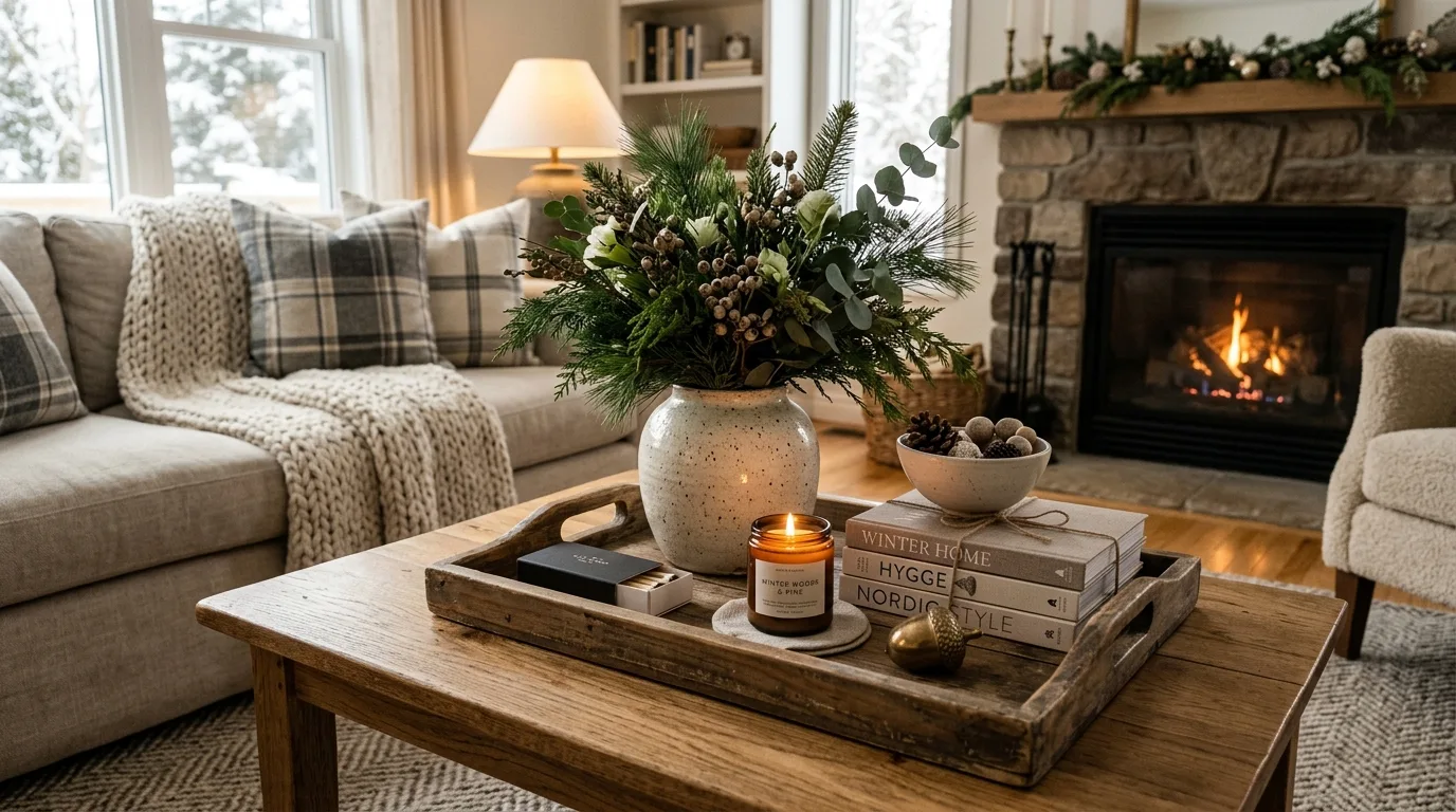 Functional winter entryway with baskets, greenery, and warm textures