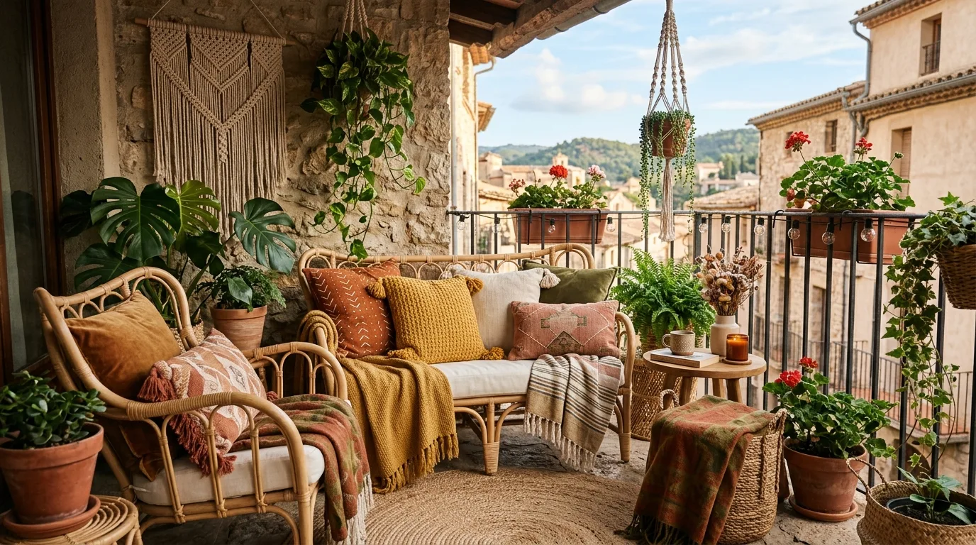 Low floor seating area with cushions and woven pouf on a boho balcony
