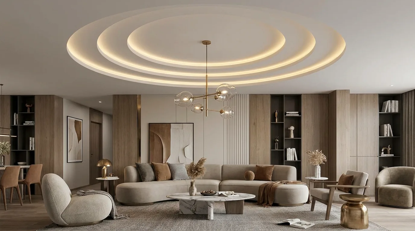 Spacious living room with a two-level false ceiling and layered LED lighting