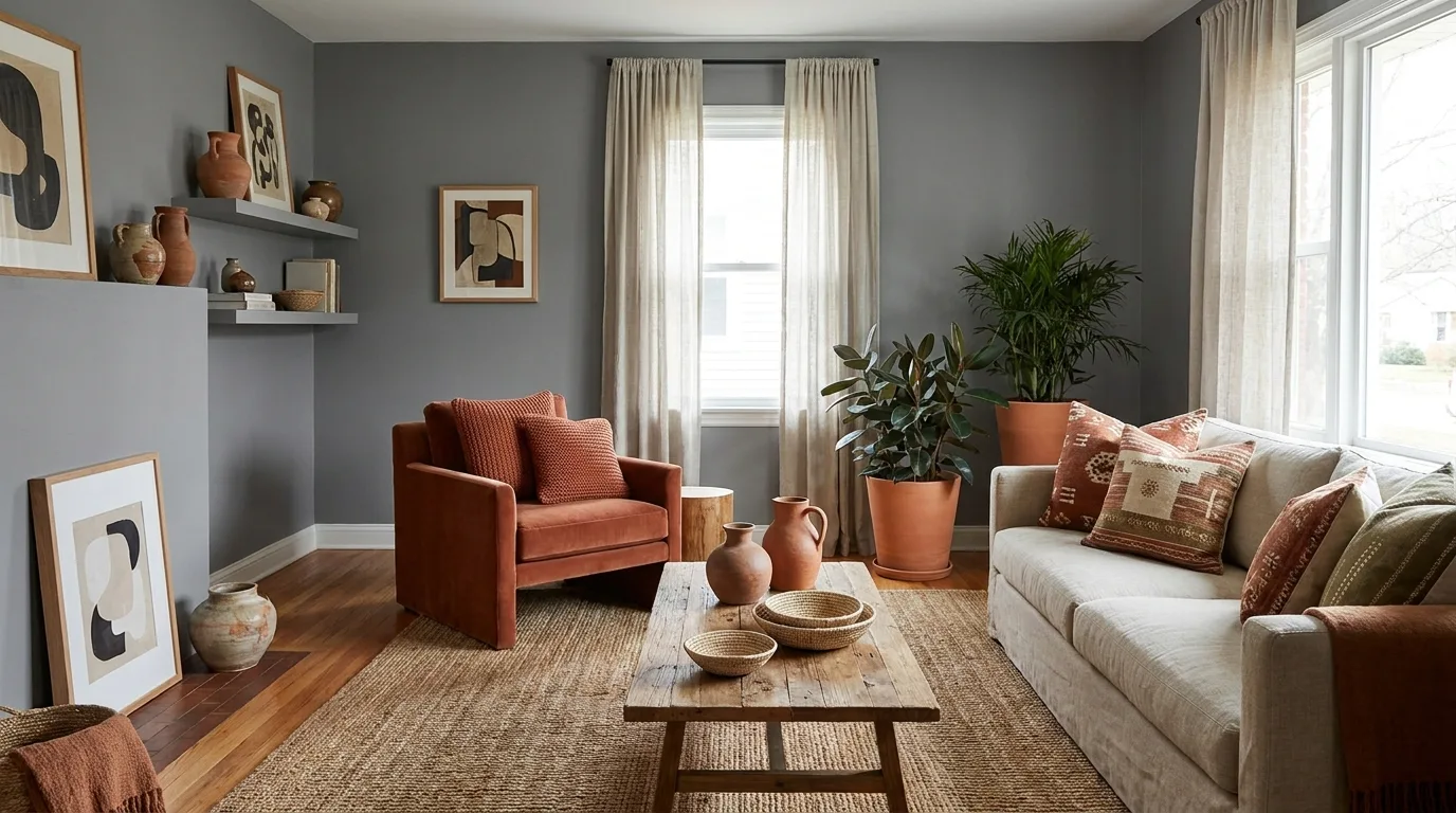 Grey and teal living room with bold contemporary contrast