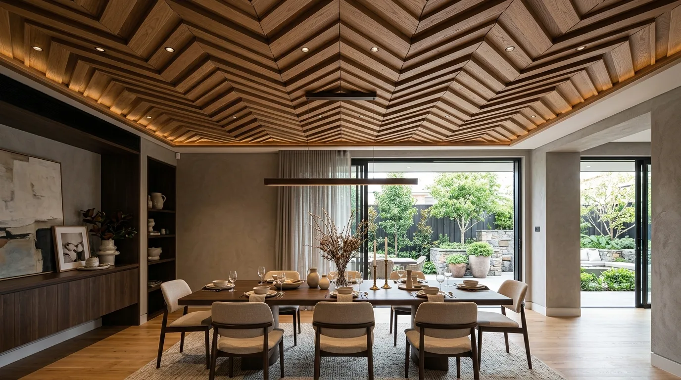 Linear wooden false ceiling with long parallel boards