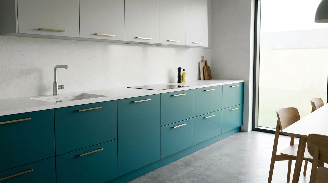 Olive green and beige two-tone kitchen
