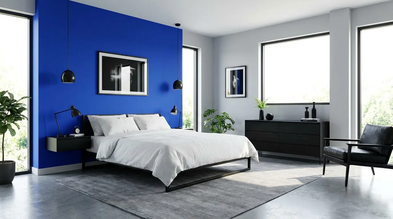Bold modern bedroom with cobalt blue and light gray walls and minimalist furnishings.