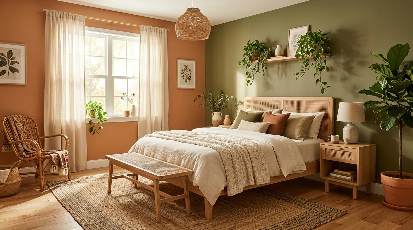 Rich cozy bedroom with burnt orange and warm brown walls