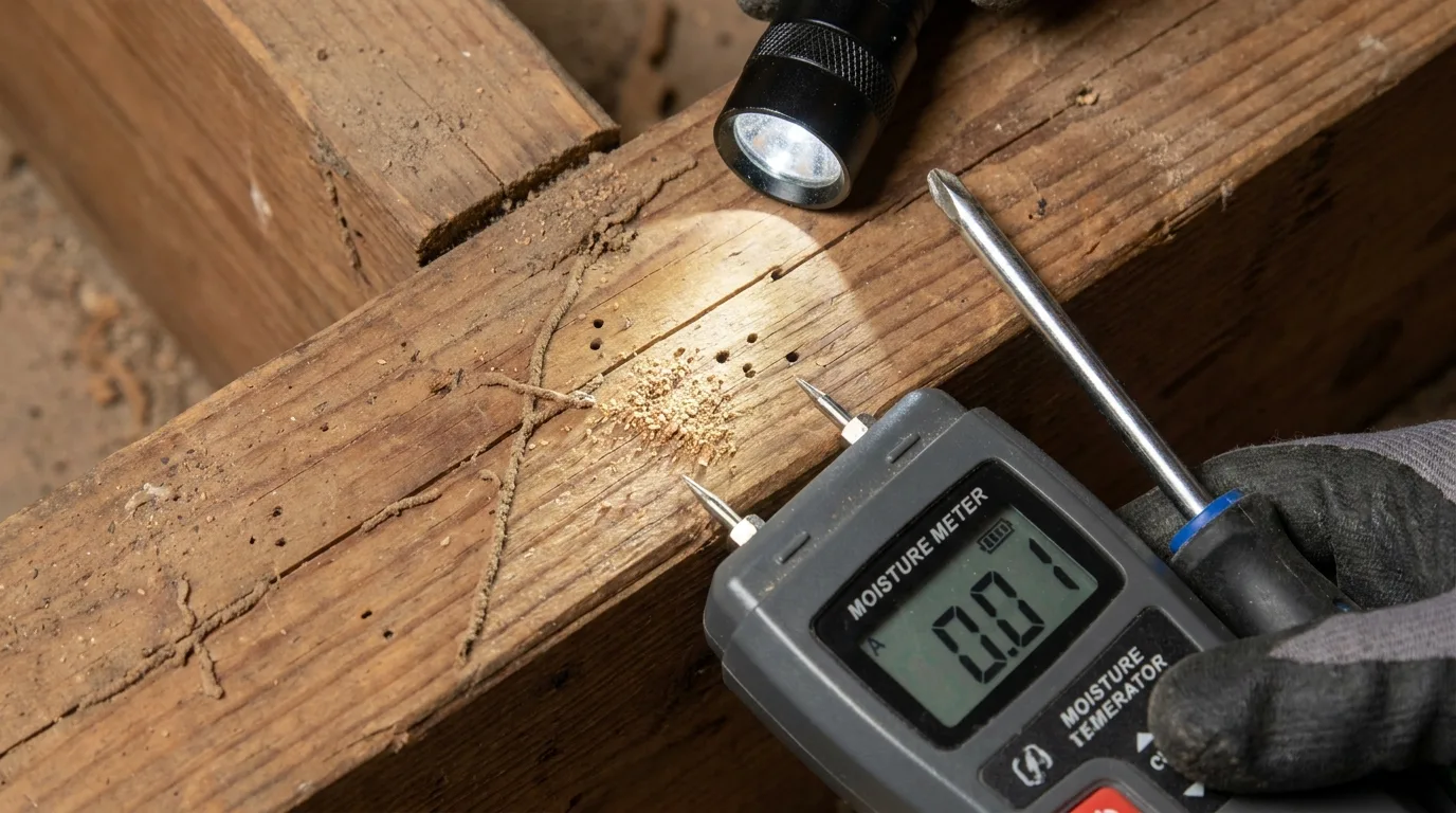 Termite damage being inspected in a rental property