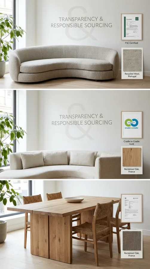 Sustainable furniture showroom emphasizing responsible sourcing and product transparency.