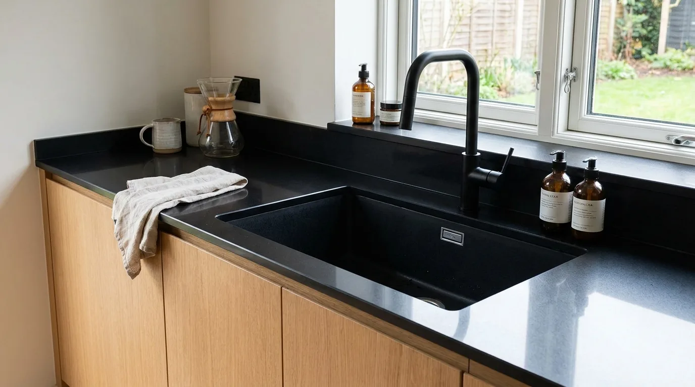 Black quartz kitchen with elegant brass hardware