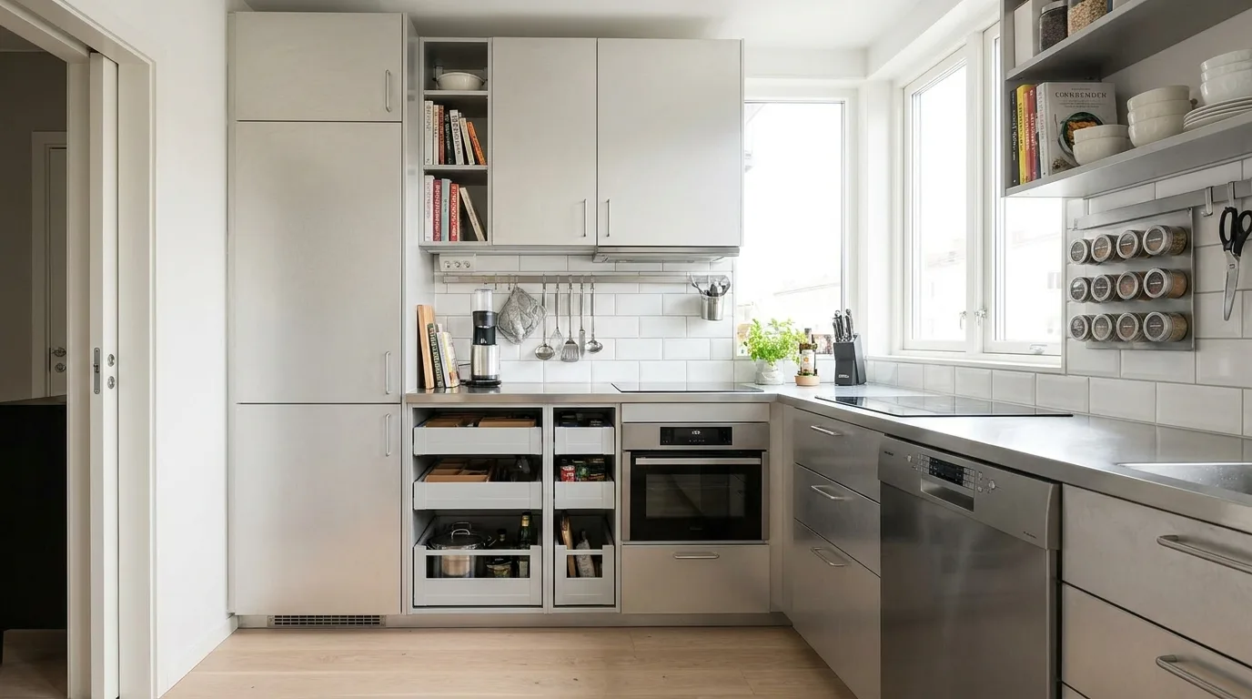 Small kitchen with space-saving light aluminium cabinets