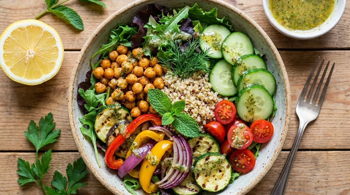 Mediterranean lunch bowl with chickpeas, greens, grains, and vegetables