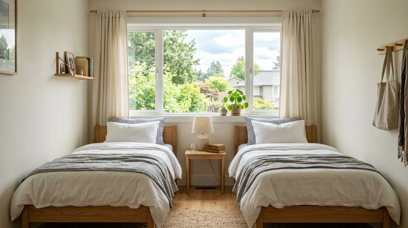 Small guest room with a daybed and neatly tucked trundle bed