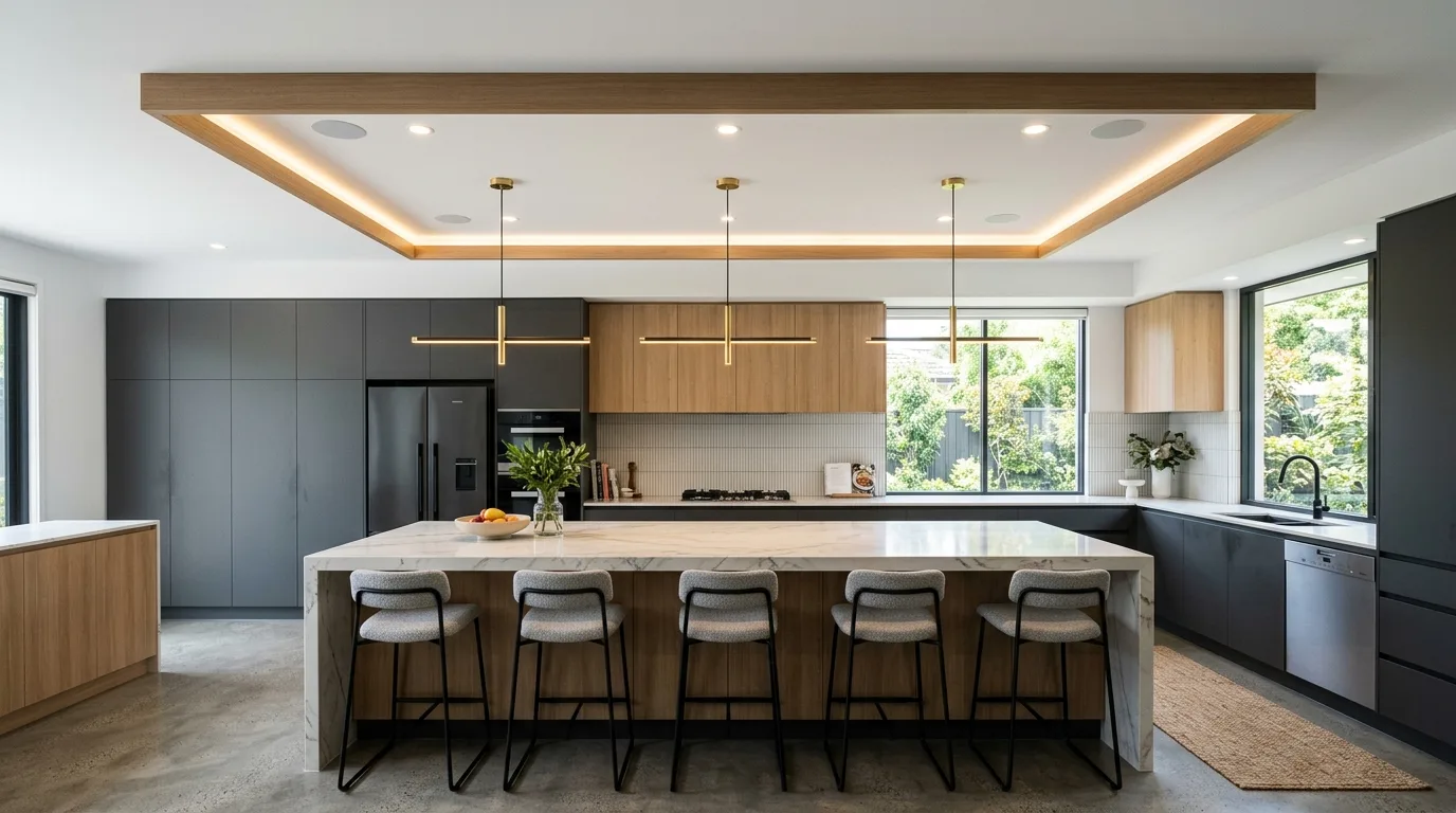 Compact kitchen with a minimalist border false ceiling