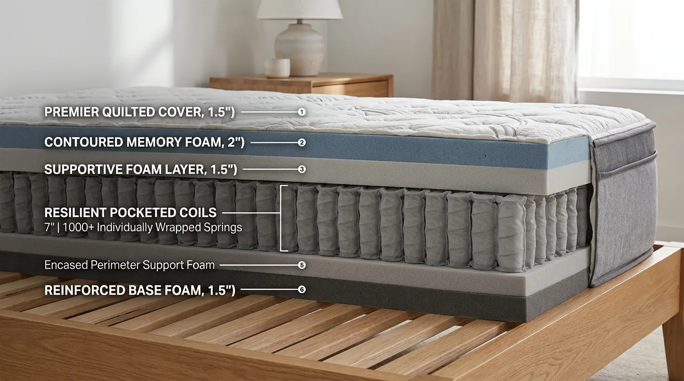 Durable foam and pocketed coil layers inside a quality mattress
