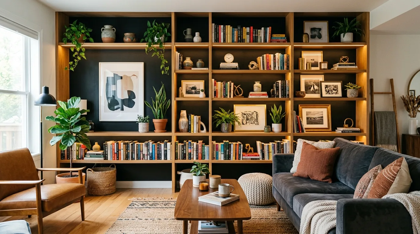 Built-in shelves displayed against a black accent wall