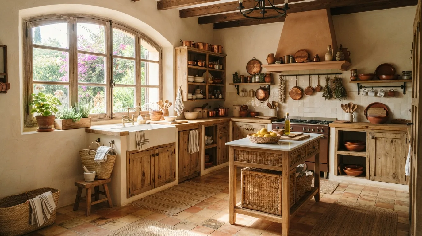 Warm terracotta floor tiles in a rustic Mediterranean kitchen
