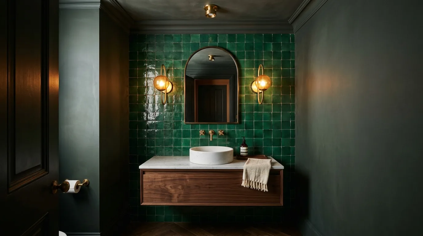 Bathroom with warm white zellige vanity wall and floating walnut cabinet