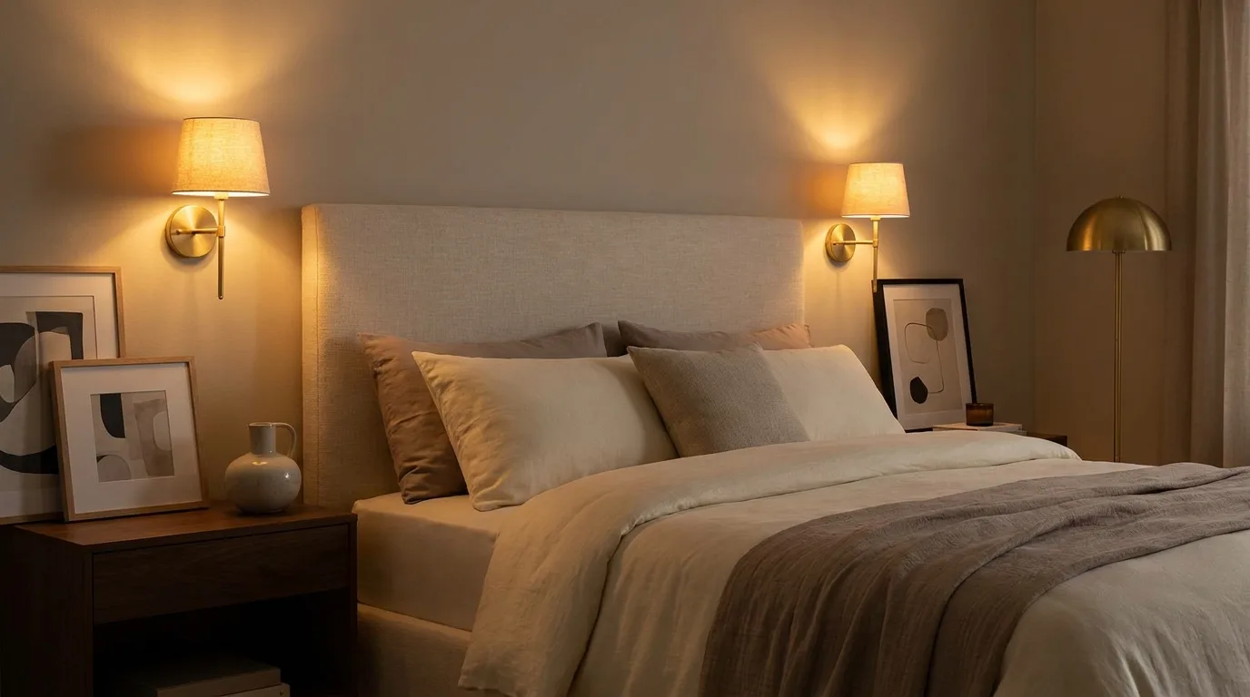 Bedroom with matching warm wall sconces beside the bed