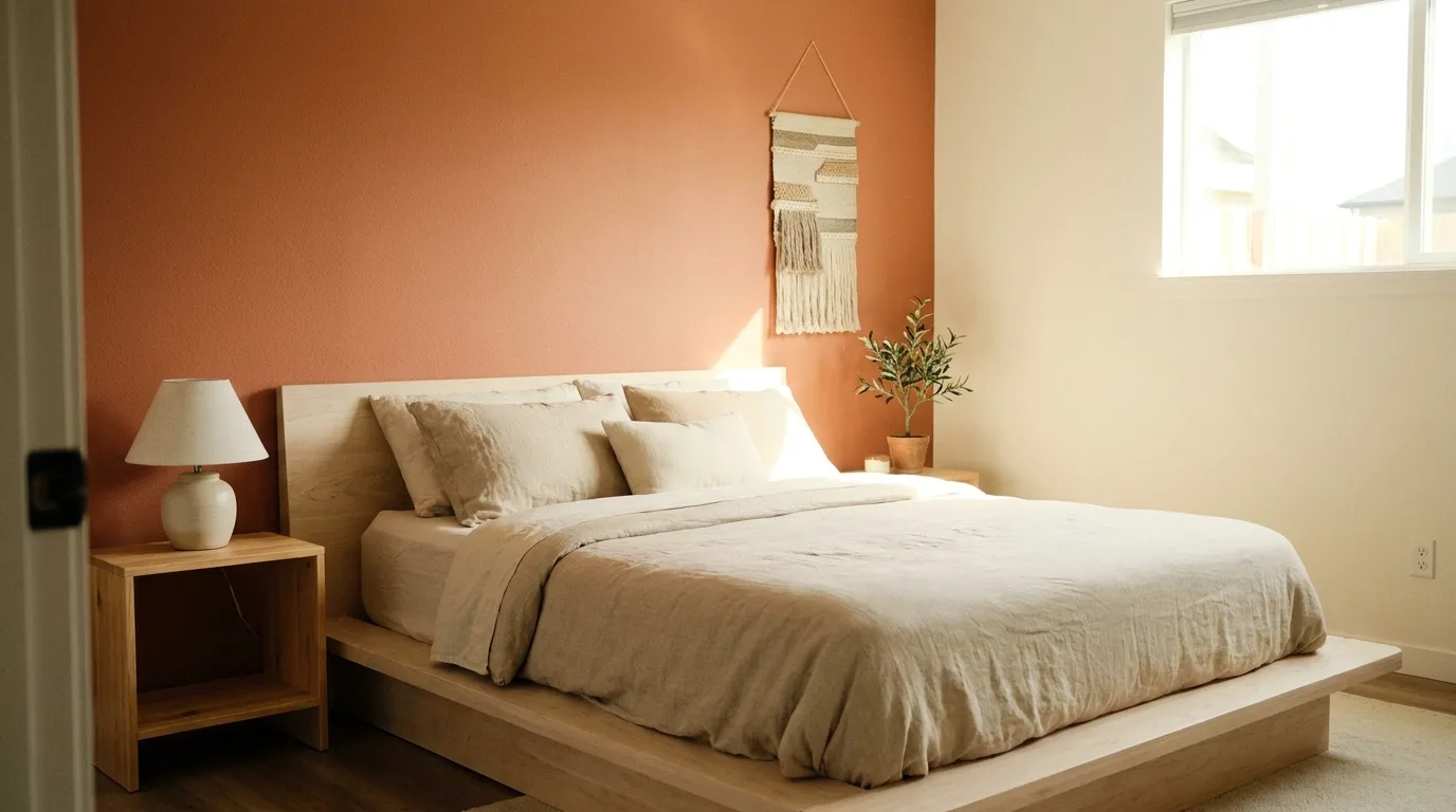 Bold orange and teal bedroom with eclectic modern decor