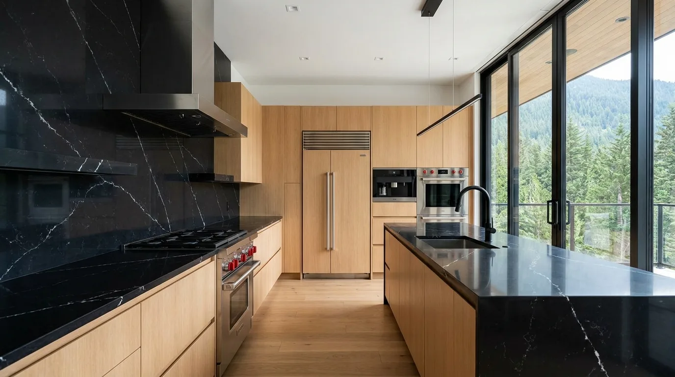 Gray cabinets and black quartz kitchen color palette