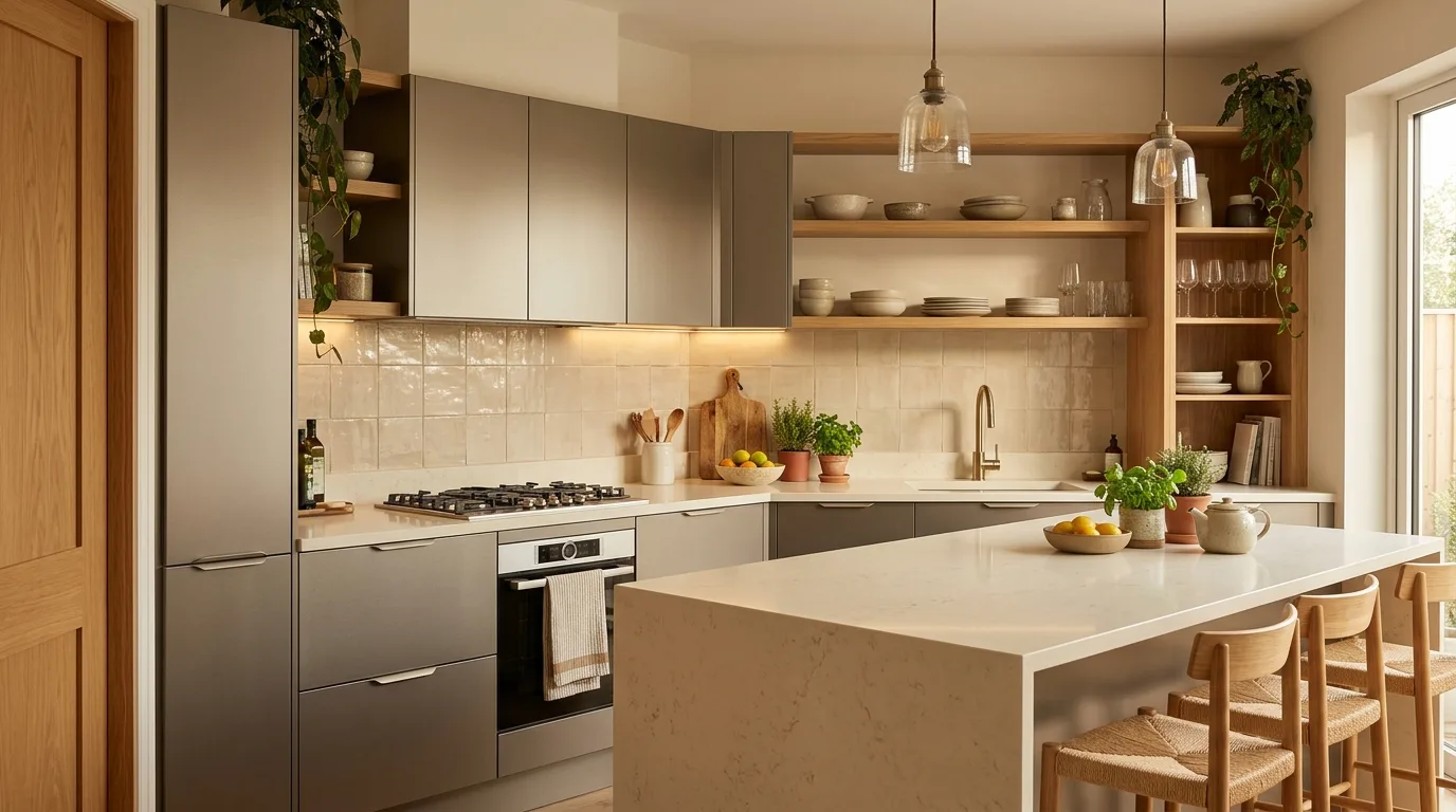 Contemporary kitchen with brushed aluminium cabinet finishes
