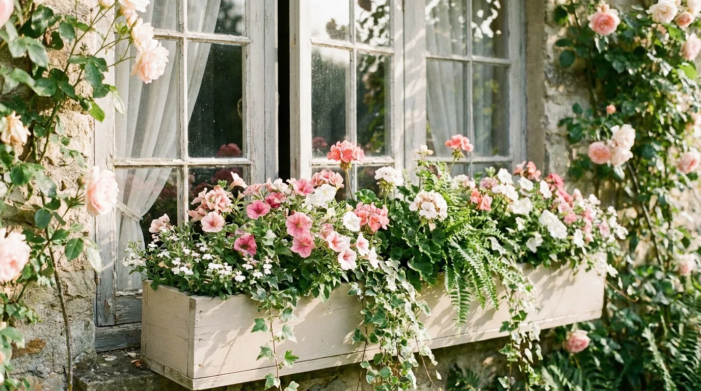 Window box with cascading flowers and trailing vines