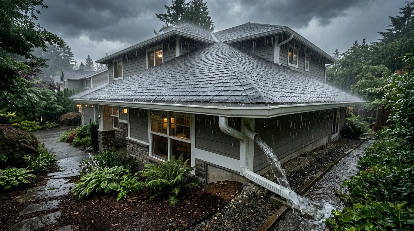 Roofer securing loose roofing components before a storm