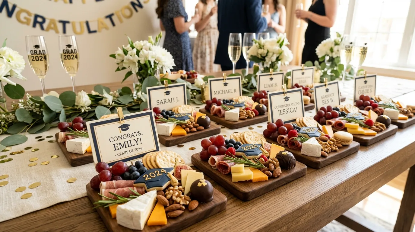 Sweet and savory graduation charcuterie board with meats, cheese, fruit, crackers, chocolate, and candy