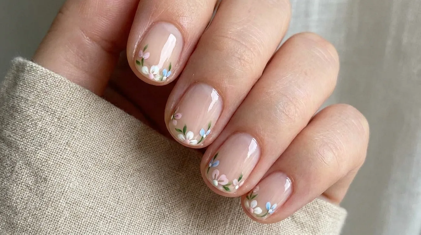 Pressed flower-inspired nails with delicate botanical details