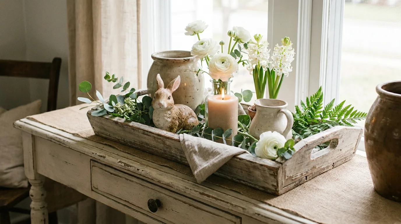 Layered spring tray with decorative books, flowers, candle, and accents