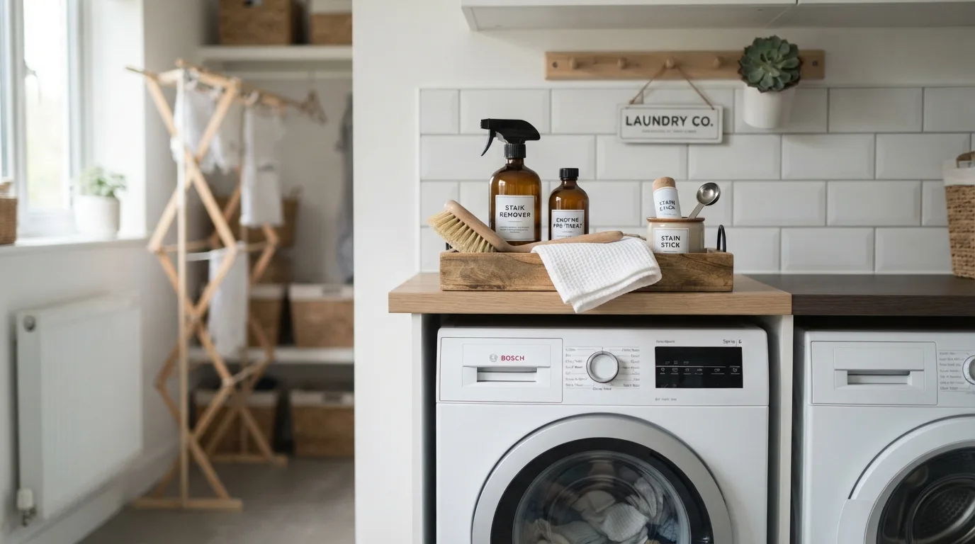 Compact laundry stain-treatment station with supplies